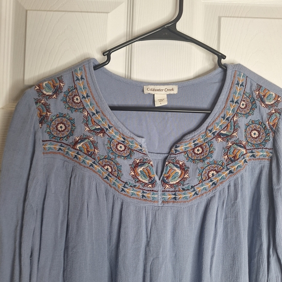 Coldwater Creek Blue Blouse with Embroidery Size Large - Picture 2 of 7